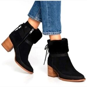 Ugg Kirke Black Suede Ankle Boots Stacked Heel Designer Sherpa #148